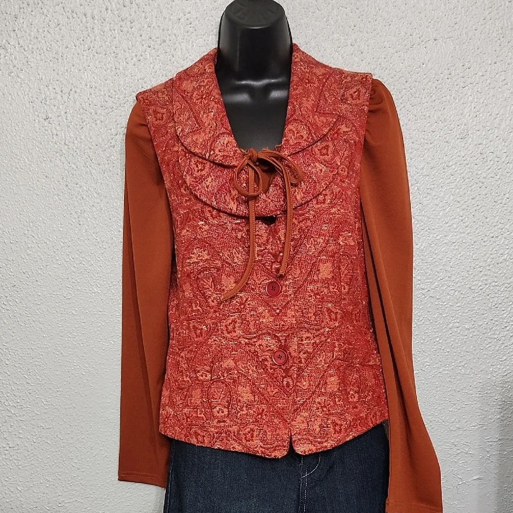 Karl Lagerfeld Tapestry Vintage Vest Double Flap Collar Wool/Silk Button Up Rust - Picture 2 of 12